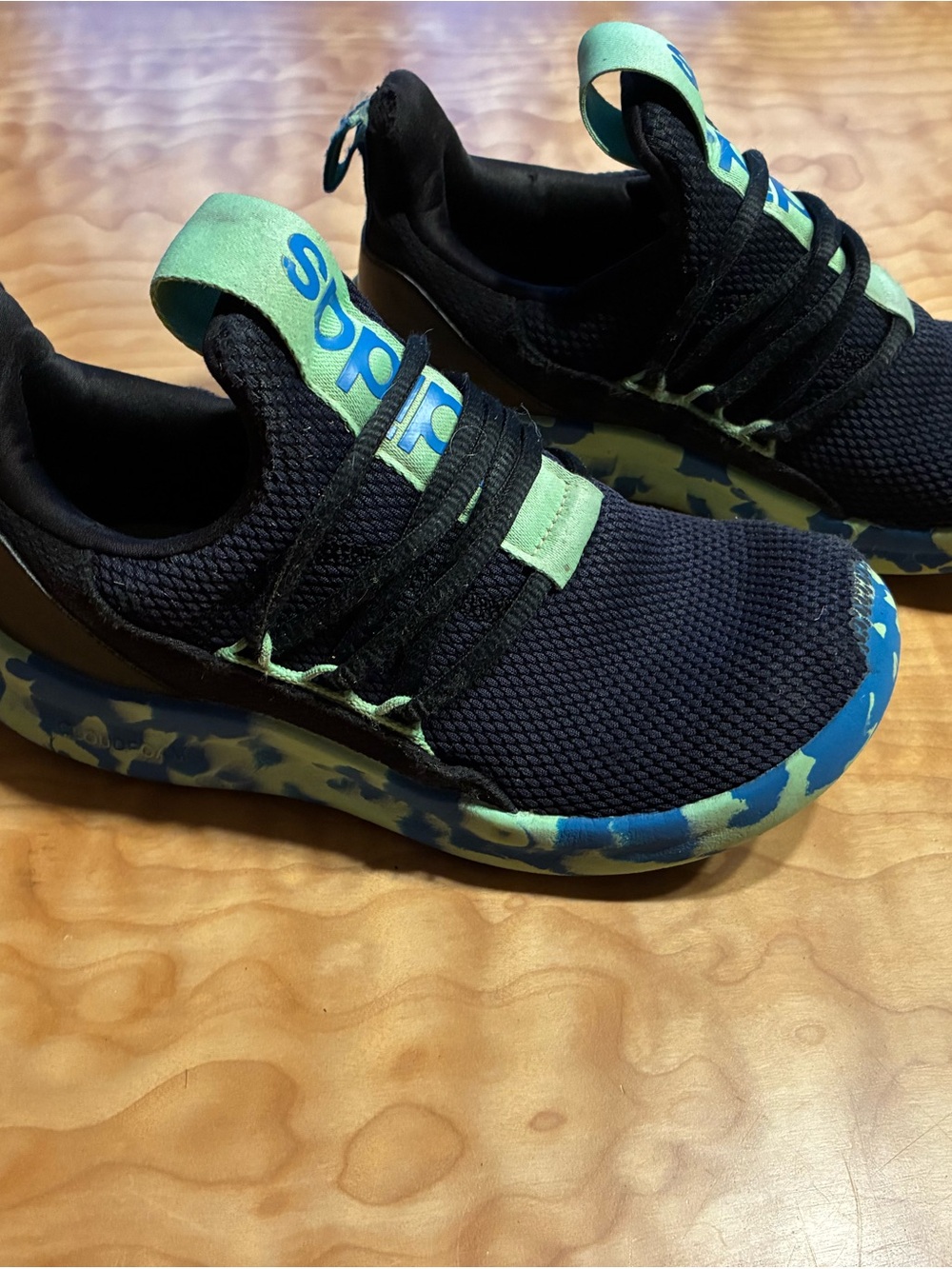 adidas Kids Black Sneakers with Mint and Blue Camo Accents